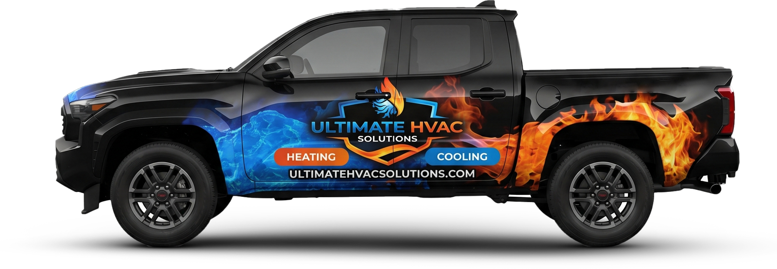 Black pickup truck with Ultimate HVAC Solutions flame wrap, side view
